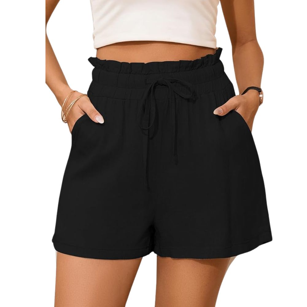 Stylsense Ladies Shorts Women's Summer Cotton Linen Shorts British Elastic High Waist with Pocket Dark Blue