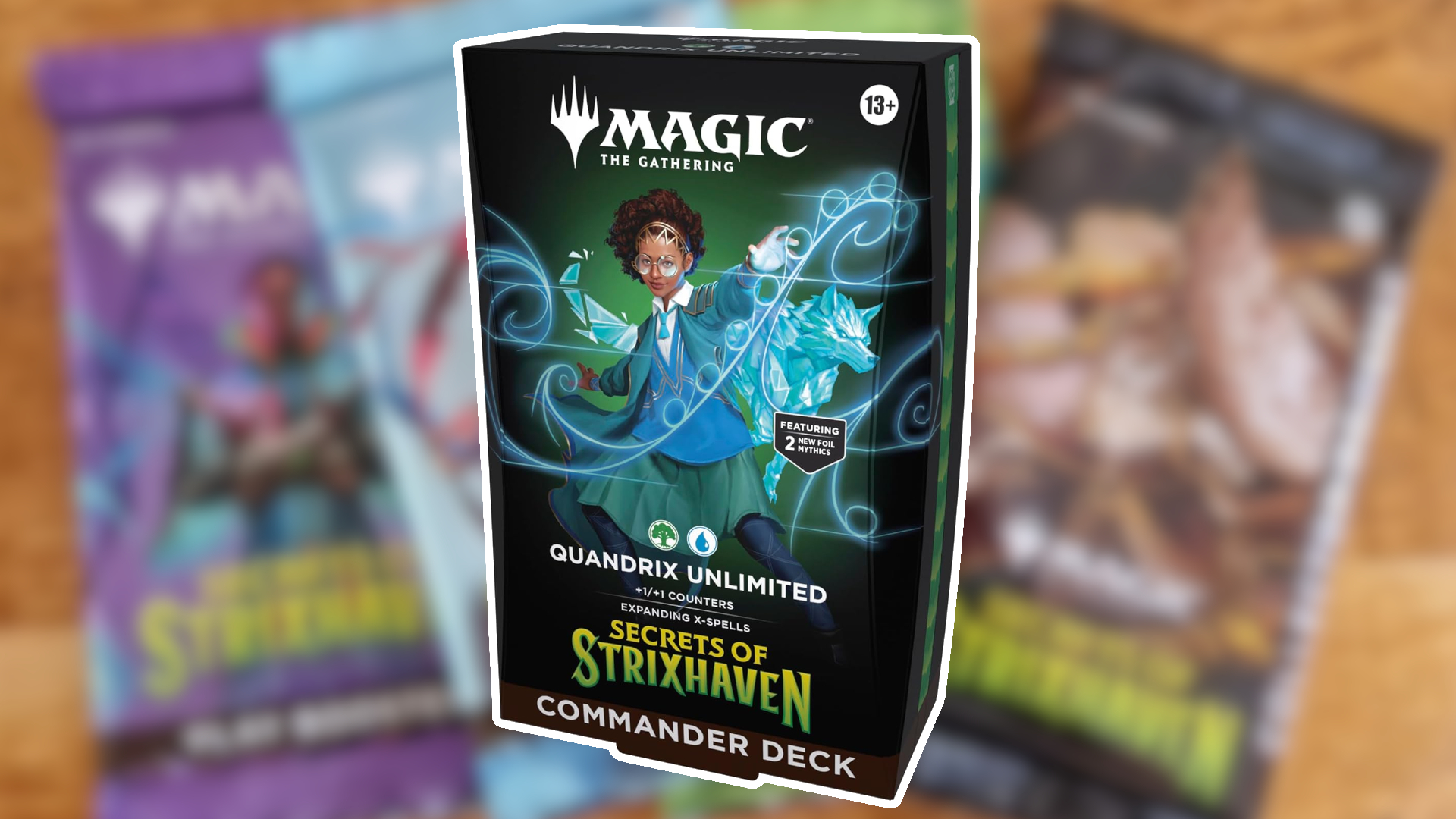 MTG Secrets of Strixhaven Quandrix Unlimited deck on a blurred background showing booster packs