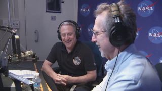 Alan Stern (left) joined Jim Green in the recording booth for the latest episode of the Gravity Assist podcast.