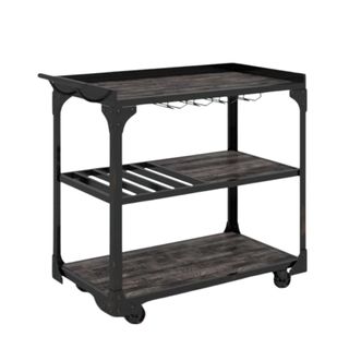 A black bar cart with three shelves and wheels