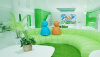 Two abstract people-shapes occupying a glossy couch in a glossy house in Frutiger Home.