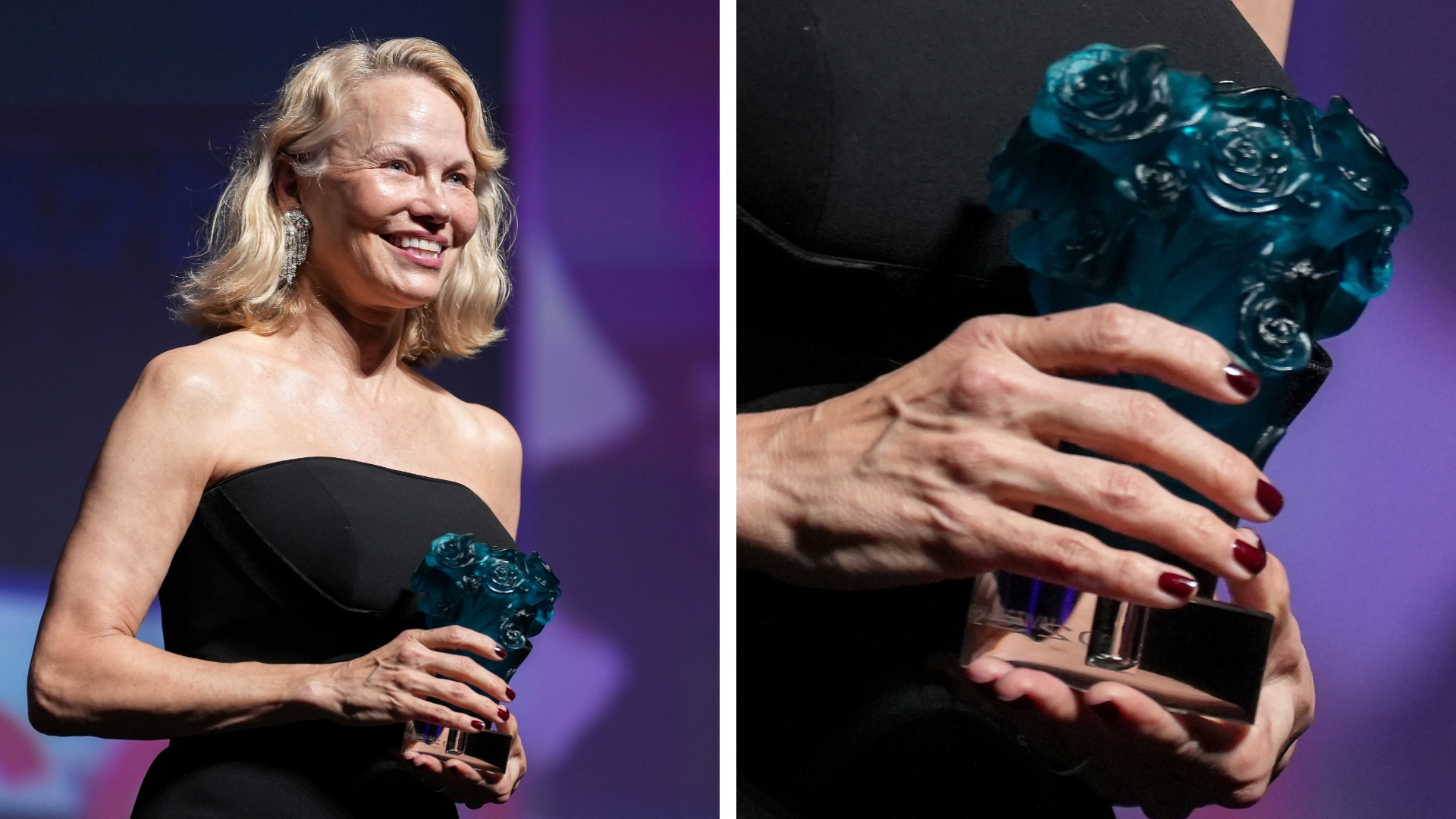 On the left, Pamela Anderson is pictured wearing a black dress and with a burgundy manicure whilst receiving the Deauville Talent Award during the Opening Ceremony And Deauville Talent Award To Pamela Anderson during the 51st Deauville American Film Festival on September 05, 2025 in Deauville, France/ and on the right, is a close-up of the same picture, zoomed in on her hands to showcase her dark burgundy nails.