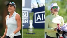 Lexi Thompson smiles, the AIG Women's Open trophy and Madelene Sagstrom planning a shot