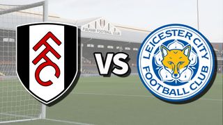 The Fulham and Leicester City club badges on top of a photo of Craven Cottage in London, England