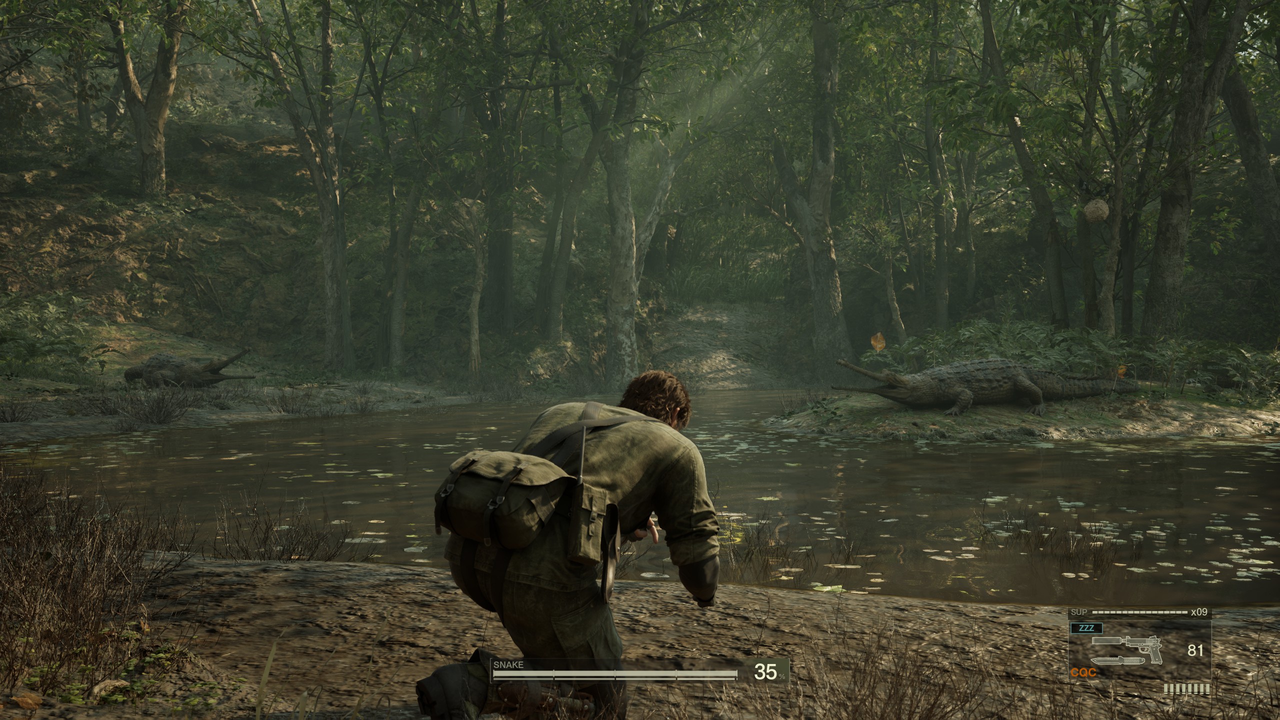 Snake looks at a swamp full of crocodiles in Metal Gear Solid Delta: Snake Eater with the legacy filter on