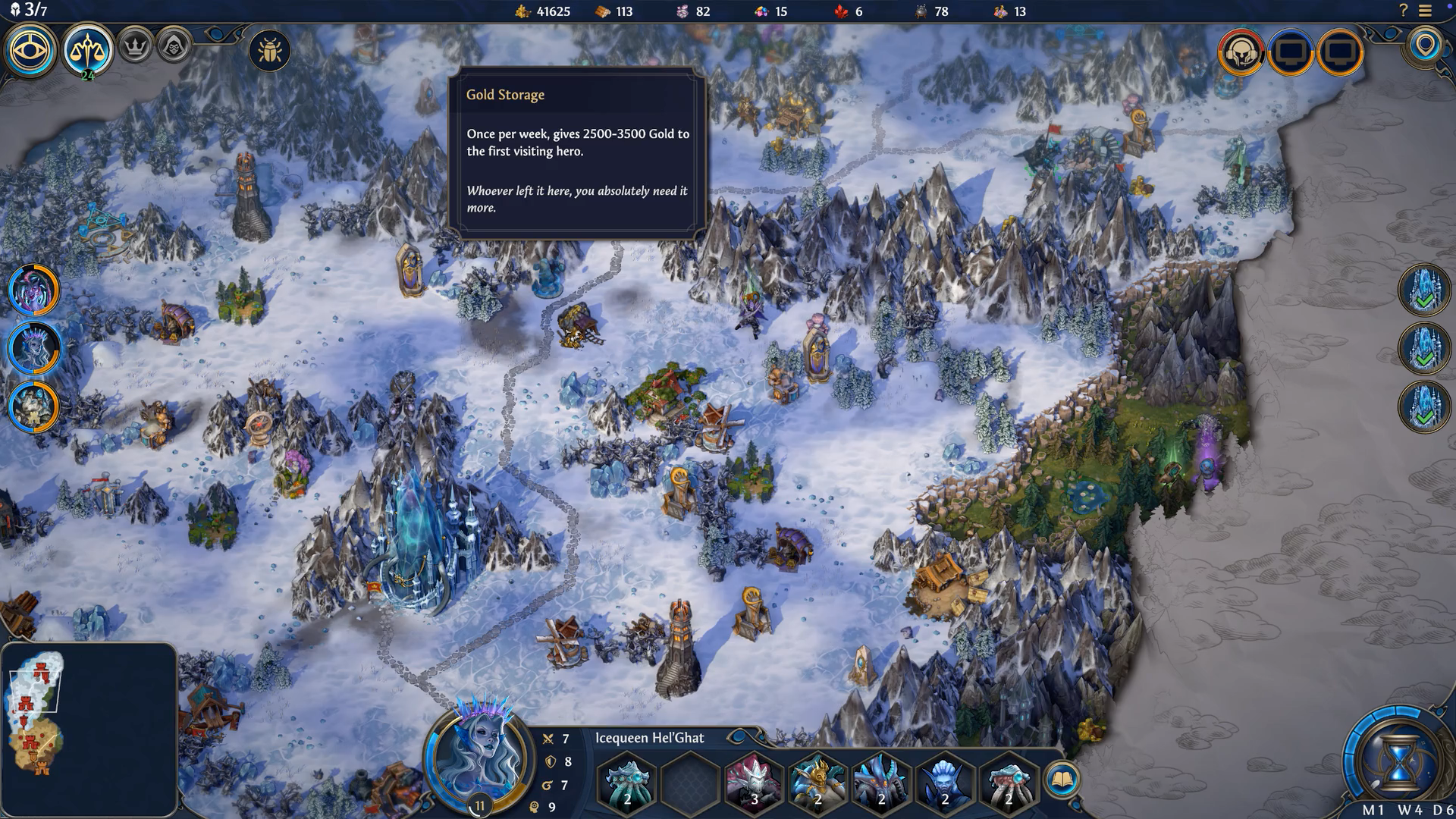 Looking at gold storage in a snowy area of the map in Heroes of Might and Magic: Olden Era
