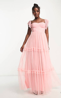 $182 Maya Bardot corset maxi dress with delicate sequin in Rose at ASOS&nbsp;