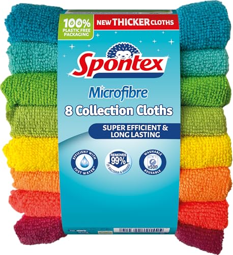 Spontex Microfibre Cloths for Cleaning | 8 Microfibre Collection Cleaning Cloths | for Use as Dusters, Dish Cloths & Kitchen Towels | 30 X 30cm | Assorted Colours | 8 Count