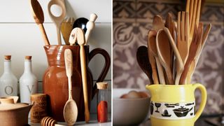 compilation image of wooden spoons in rustic jugs in kitchens to support an article on how to clean wooden spoons
