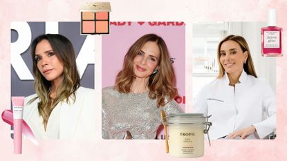 images of Victoria Beckham, Trinny Woodall, and Dr Maryam Zamani, no a pink background with procucts from Glow Recipe, Vieve, Tropic and Manucurist dotted around