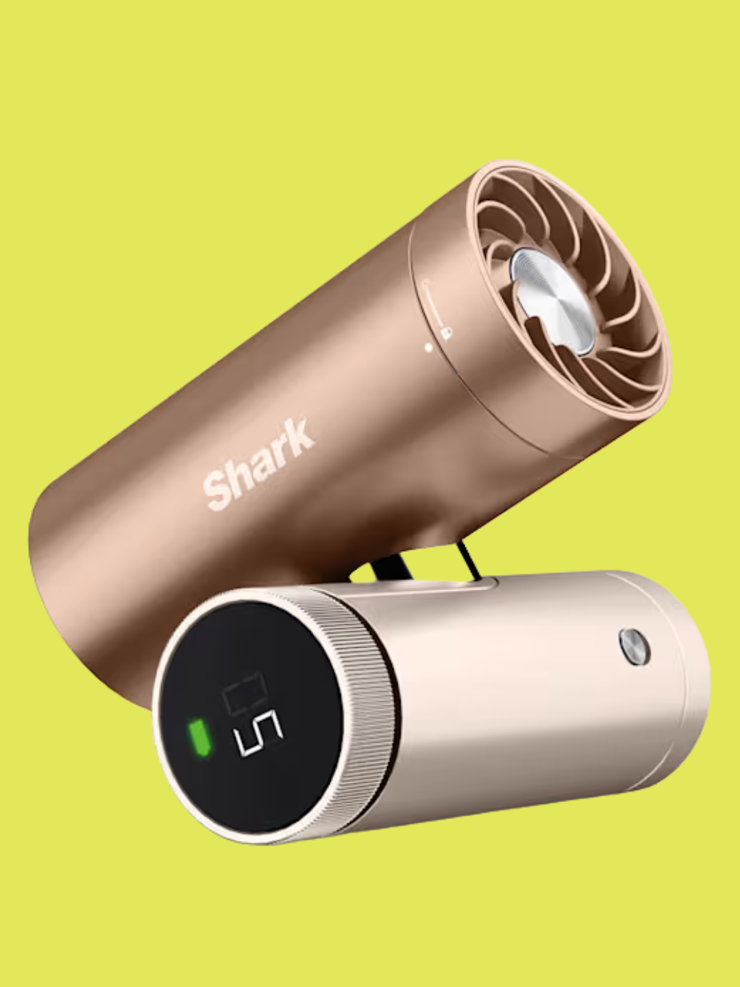 A portable handheld fan in light brown by Shark