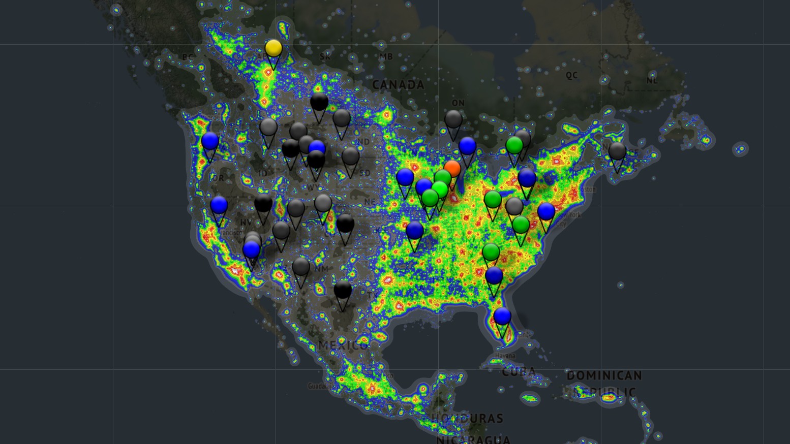 Map of the USA showing where to find dark sites so you can find the best location for astrophotography