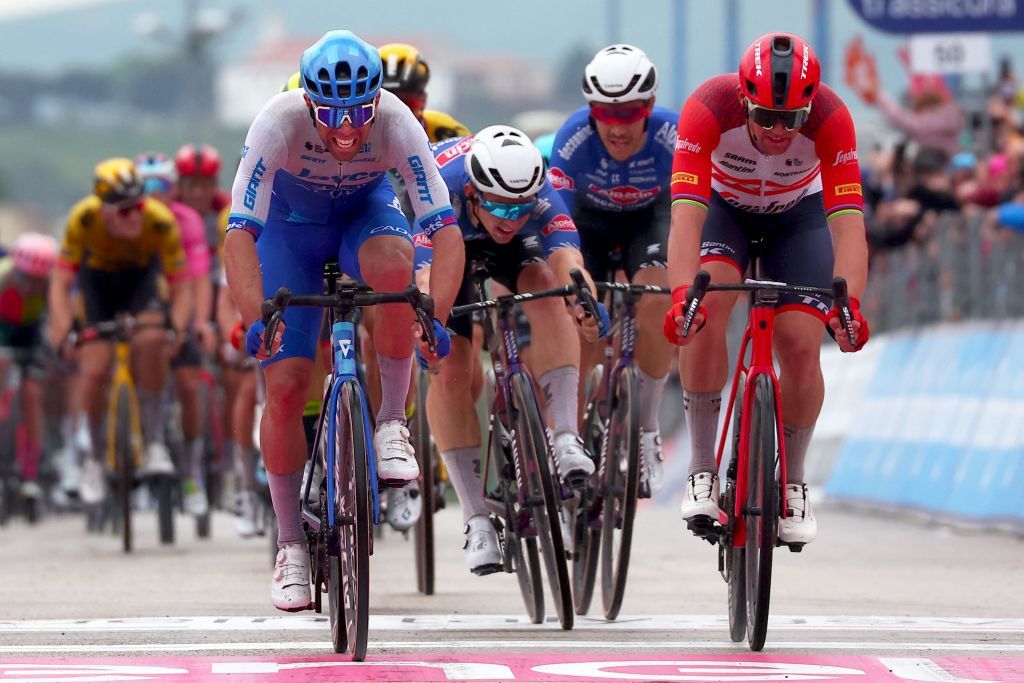 Team Jayco AlUlas Australian rider Michael Matthews L rides next to Trek Segafredos Danish rider Mads Pedersen R to cross the finish line and win the third stage of the Giro dItalia 2023 cycling race 216 km between Vasto and Melfi on May 8 2023 Photo by Luca Bettini AFP Photo by LUCA BETTINIAFP via Getty Images