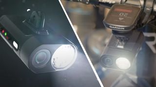 The Garmin Varia Vue bike light and camera on a black ground, and also mounted in a bike.