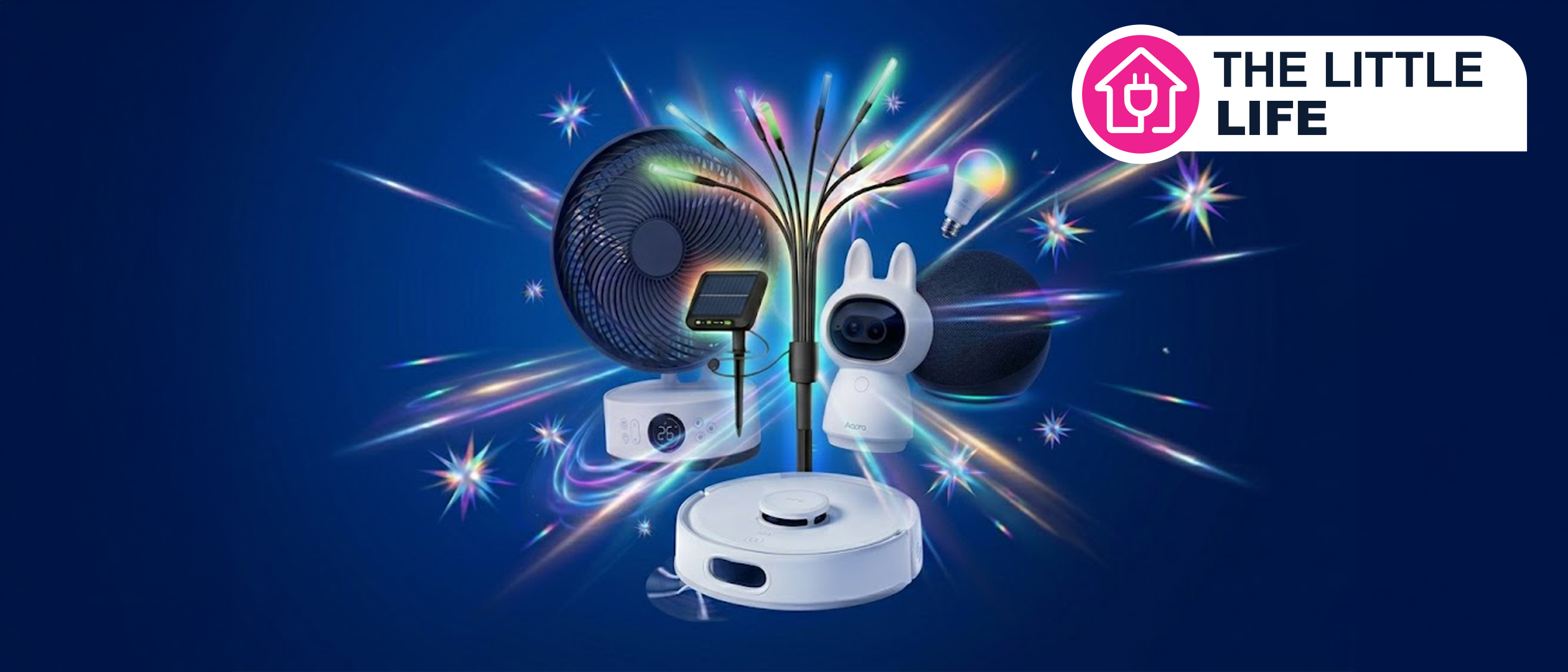 A collection of smart home devices on a dark blue background with light rays and starbusts, and a badge in the top right corner reading 'The Little Life'