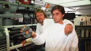 Virgin’s Richard Branson and Mike Oldfield at a CD factory, September 1987