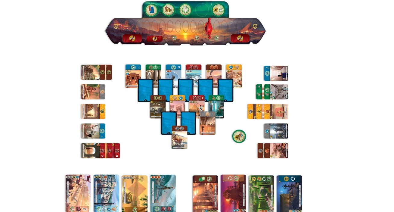 Sällskapsspelet 7 Wonders Duel ligger utplacerat på en vit yta.
