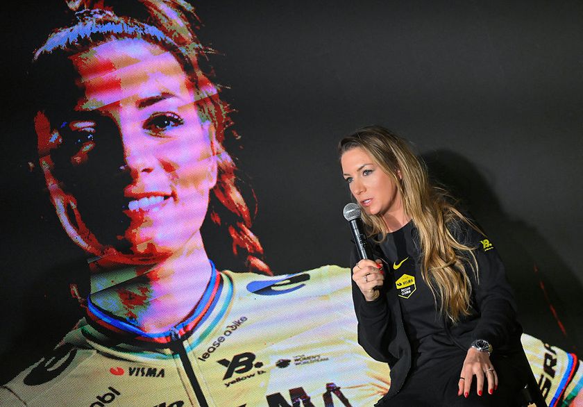 Visma-Lease a bike's French rider Pauline Ferrand-Prevot attends a press conference during the presentation of the Visma-Lease a Bike cycling team at La Nucia near Alicante, eastern Spain on January 13, 2026. (Photo by Jose Jordan / AFP)