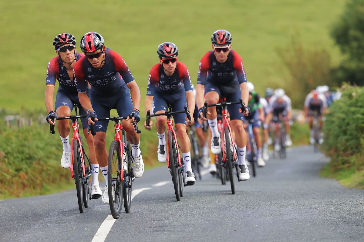 Picture by Alex WhiteheadSWpixcom 07092022 Cycling 2022 AJ Bell Tour of Britain Stage 4 Redcar to Duncombe Park Helmsby England Andrey Amador and tom Pidcock of Team INEOS grenadier leading the peloton