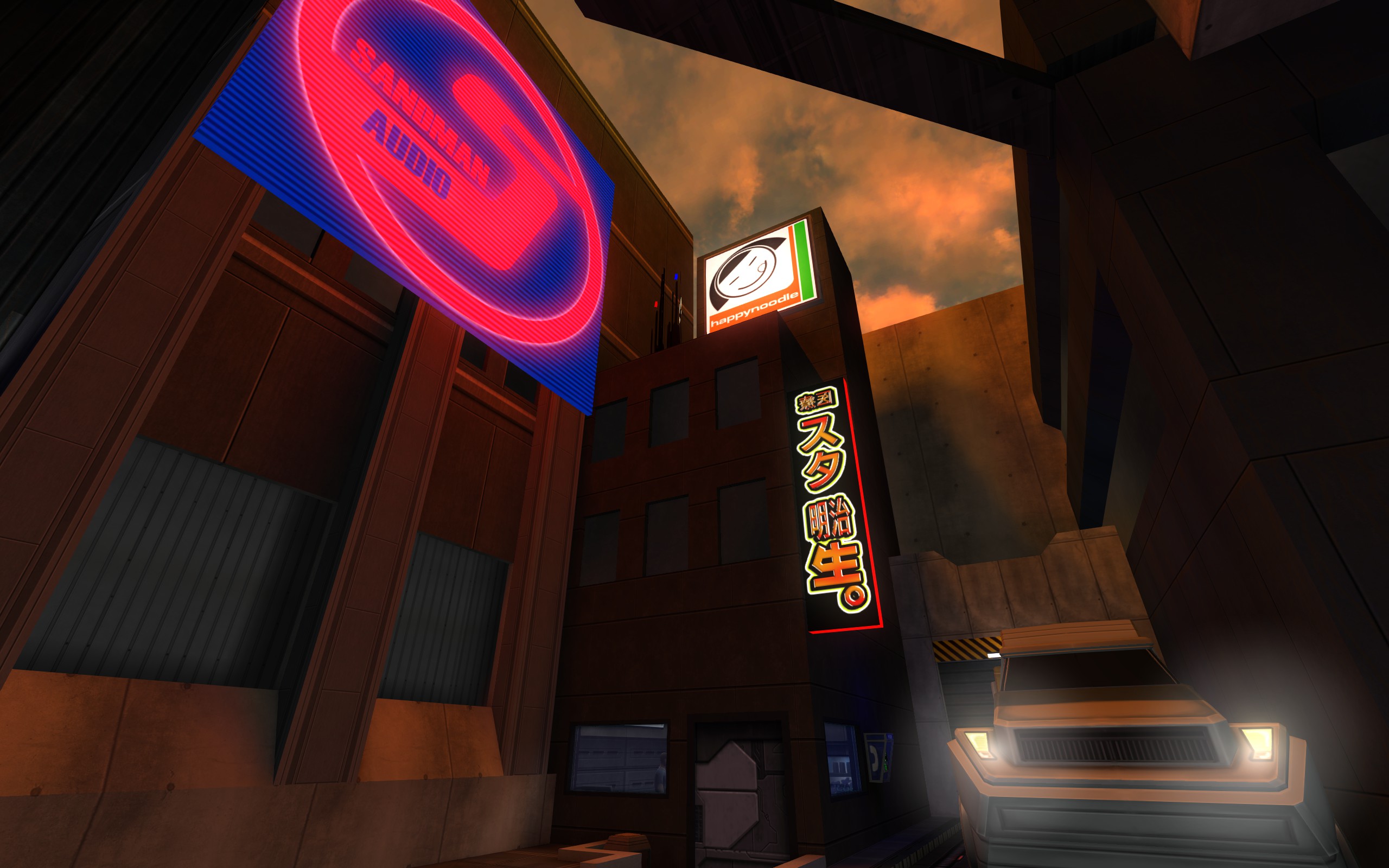 Billboards for Sandman Audio and happynoodle overlook a city street.
