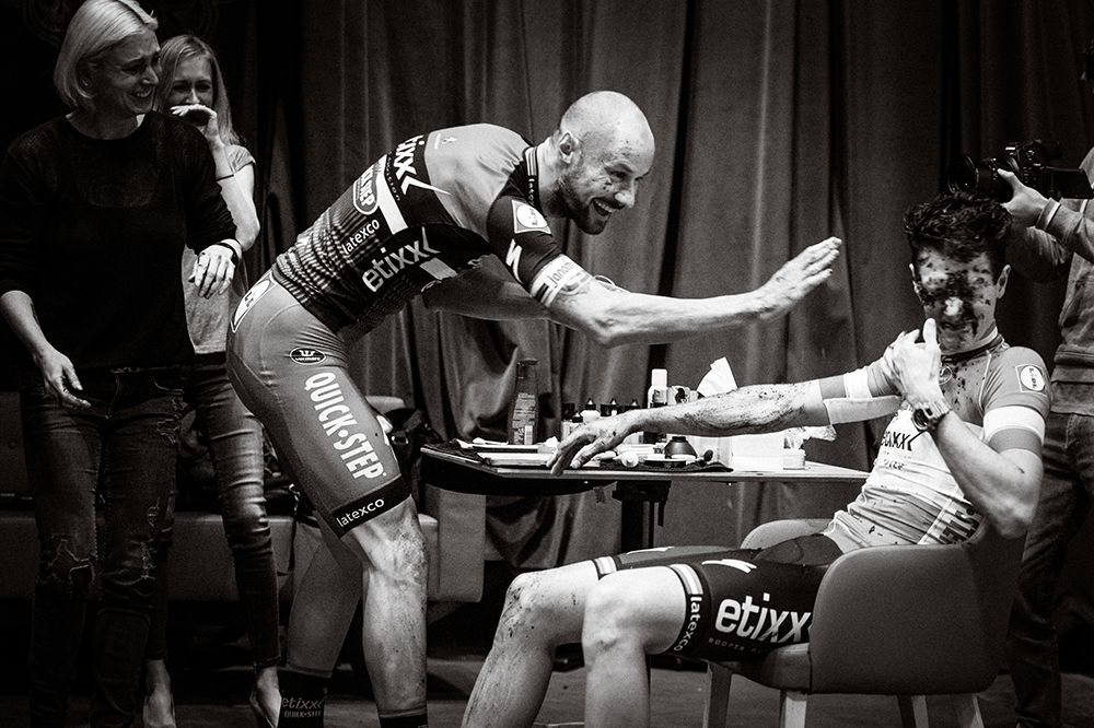 Tom Boonen and Niki Terpstra have some fun during a photoshoot
