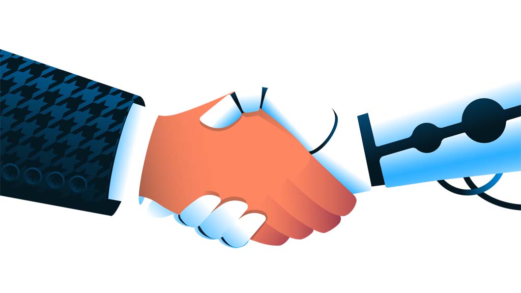 Robot and man handshaking. Chatbot assistance, using ai in daily life concept. Vector illustration.