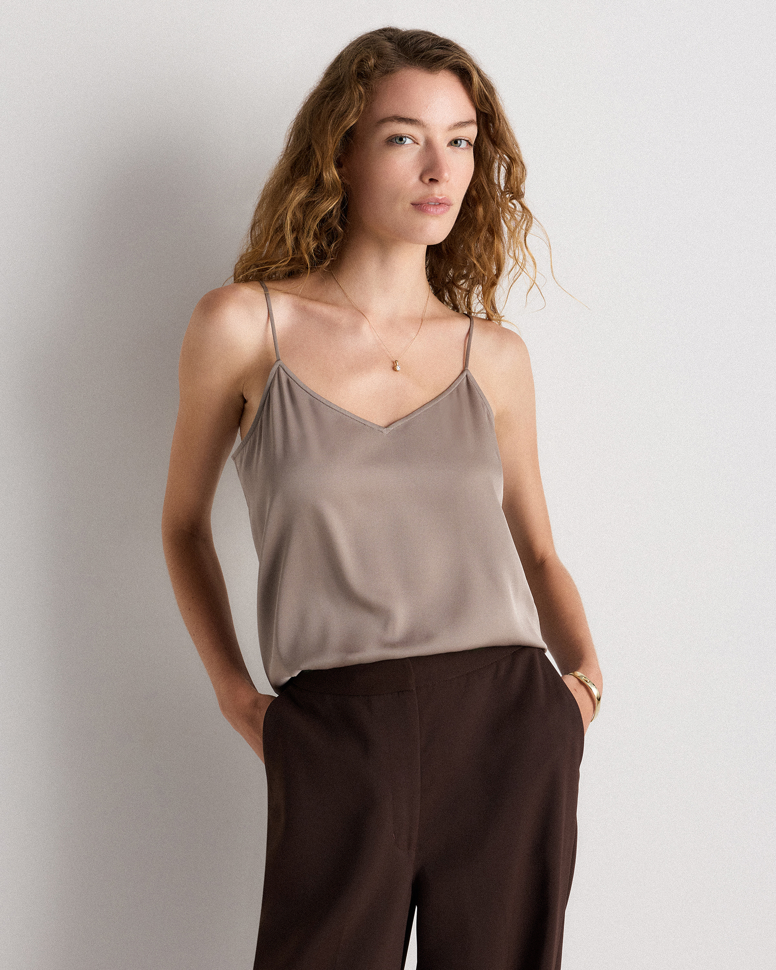 Washable Stretch Silk V-Neck Cami in Morel Grey