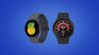Samsung Galaxy Watch 5 and Galaxy Watch 5 Pro side by side on a blue background
