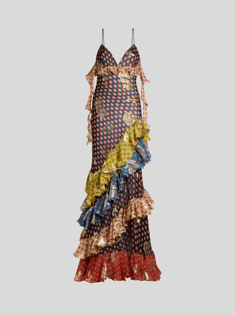 Long Silk Dress With Fil Coup&amp;Eacute; Roses and Tie-Inspired Motif