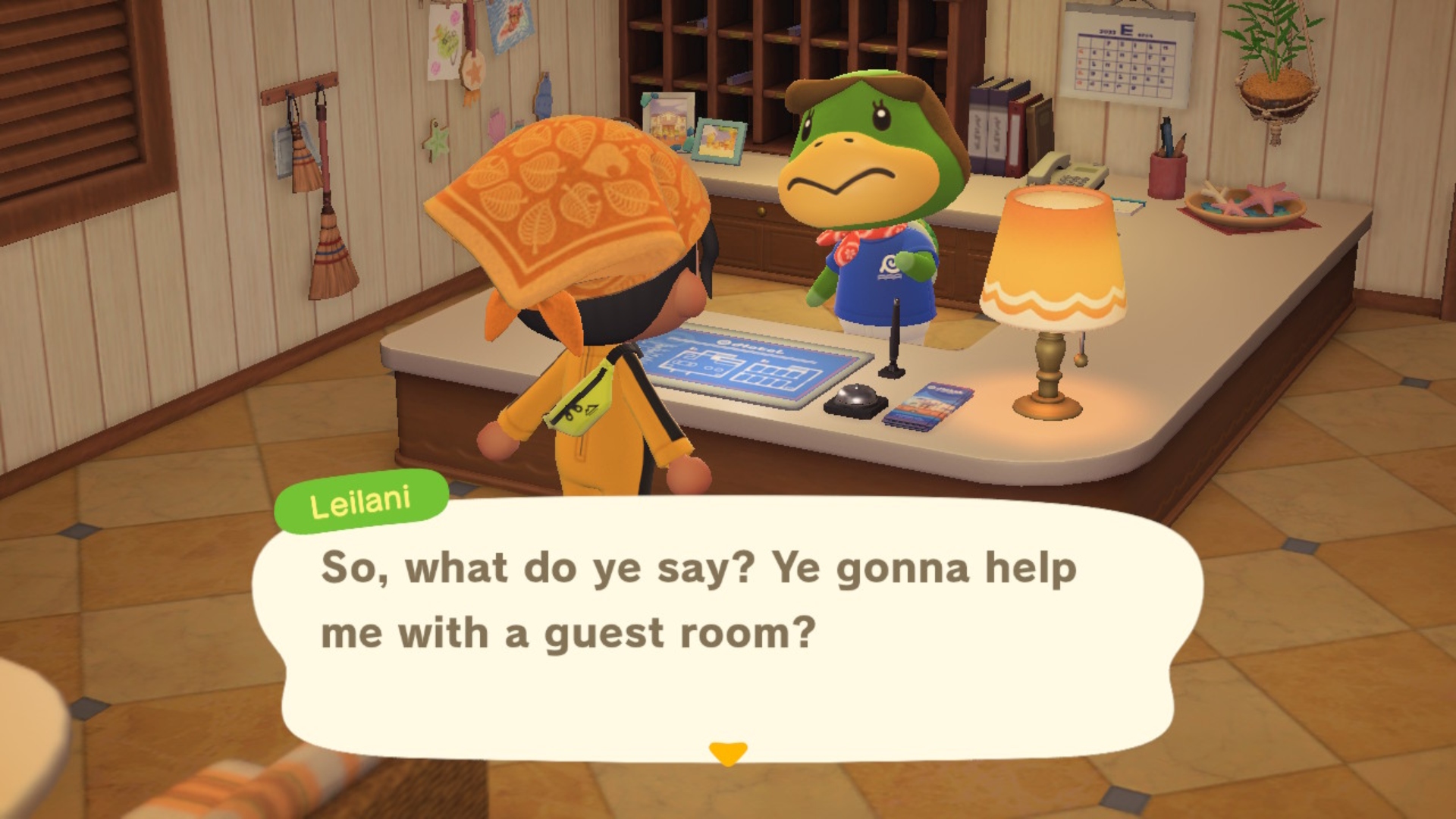 Talking to Leilani at the desk in Animal Crossing: New Horizons