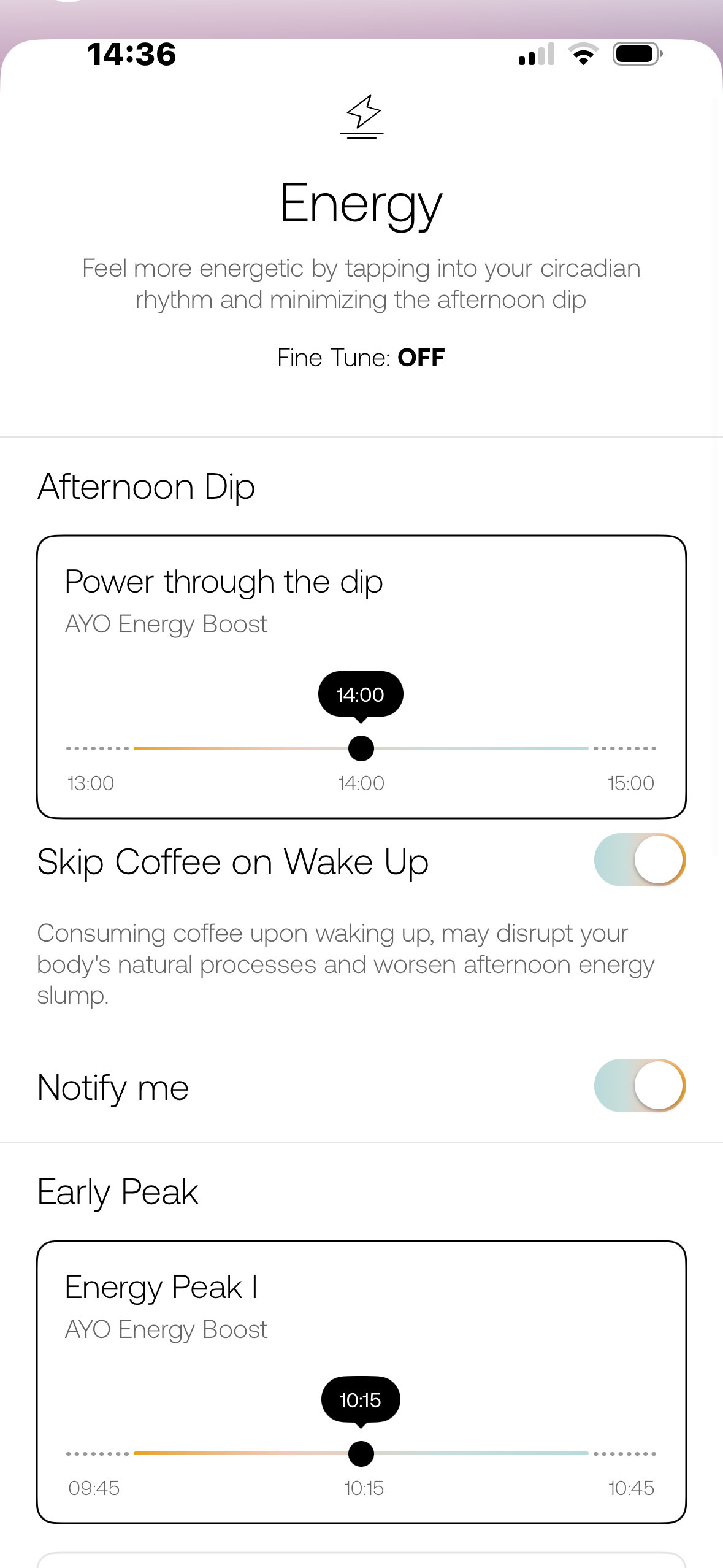 A screengrab from the AYO+ Light Therapy Glasses showing an afternoon energy dip warning