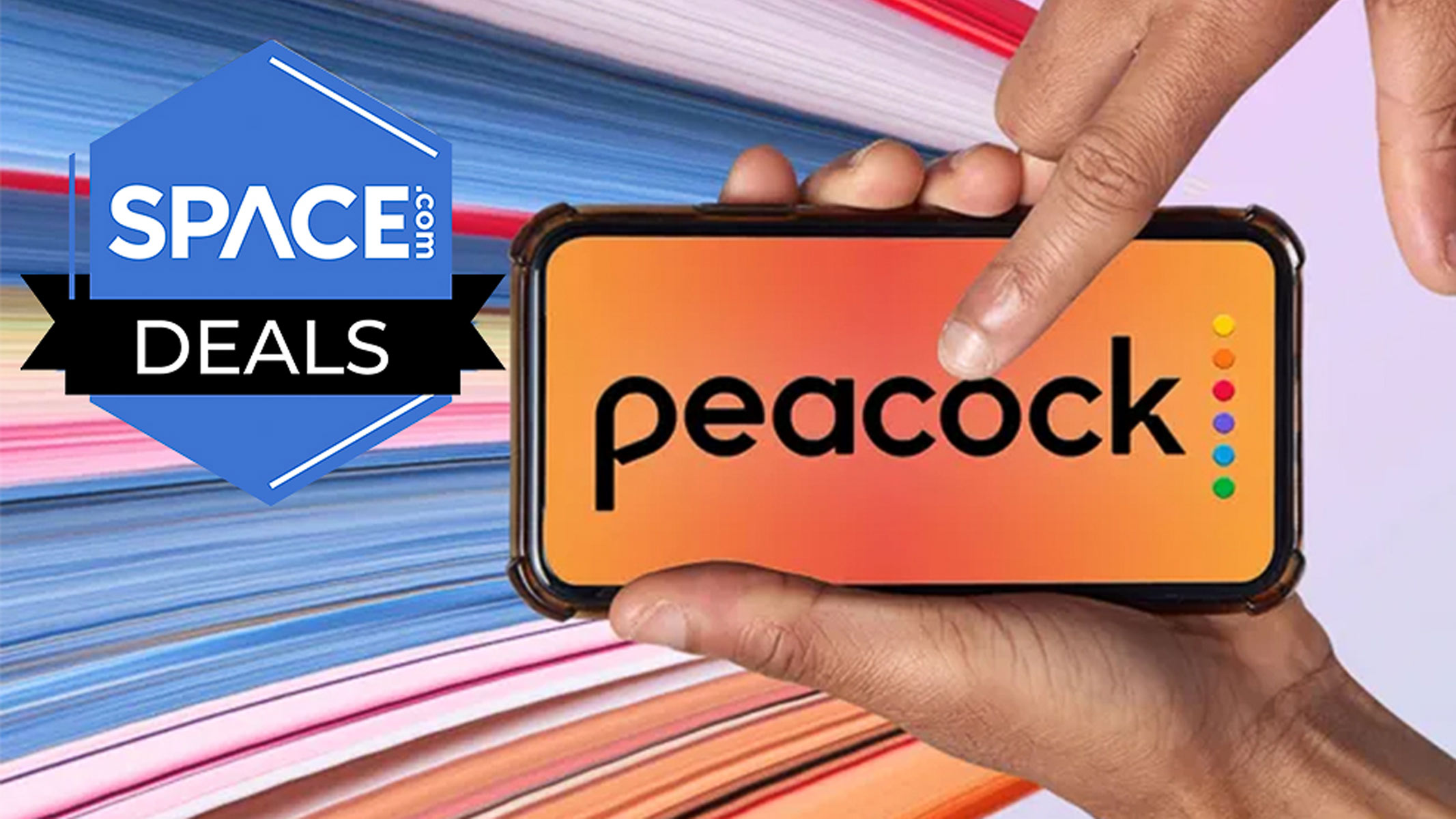 A hand is holding a smartphone with the Peacock logo on it on an orange background, behind the phone is a multi-colored blur and the space.com logo is in the top left of the screen.