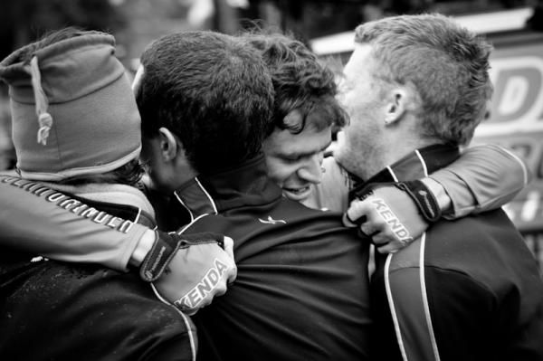 Phil Gaimon (Kenda/5 Hour Energy) gets a big congratulations from teammates after taking the overall win in Redlands.