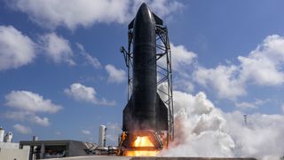 SpaceX conducts a full-duration static fire test with the upper stage of the Starship V3 vehicle that will conduct the Flight 12 test. SpaceX posted this image on X on April 14, 2026.