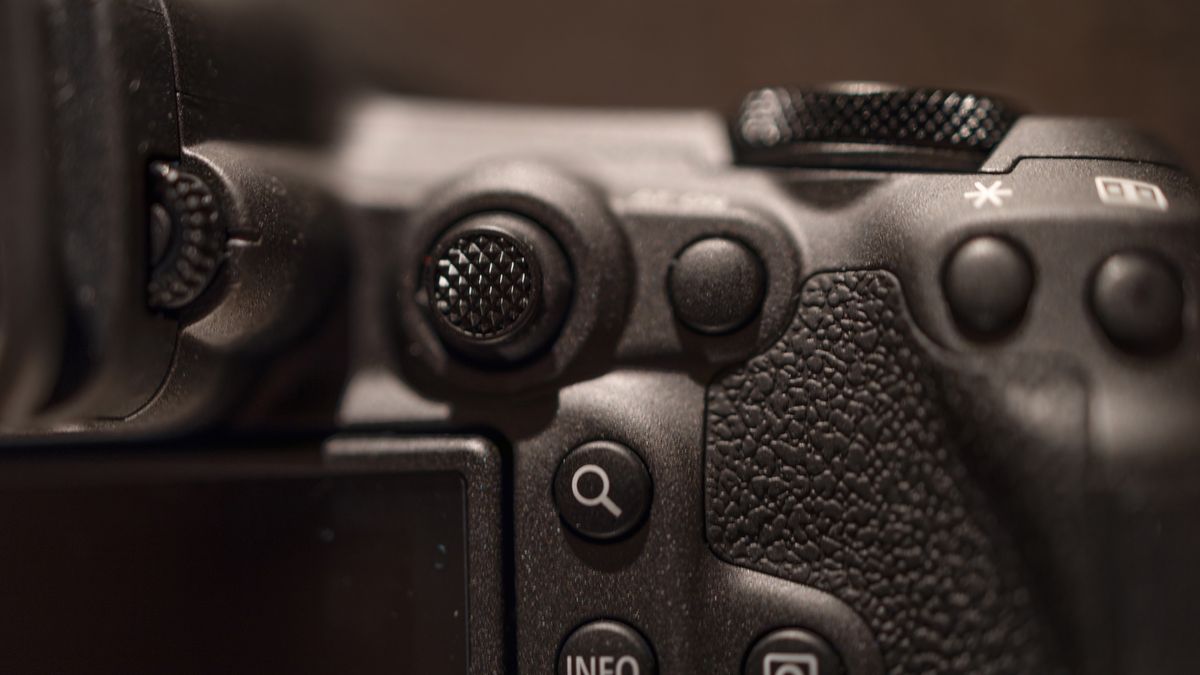 Canon EOS R5 Mark II against a dark background