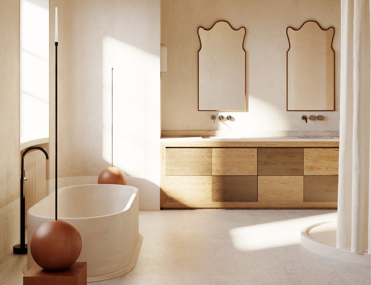 Floating Shower Bench Over Marble Hexagon Tiles - Transitional