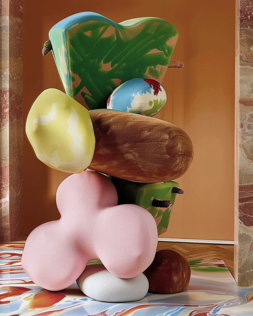 A series of colorful, abstract sculptures and murals.