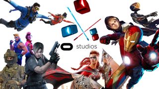 The Oculus Studios logo surrounded by characters from games made by its studios, including Resident Evil's Leon Kennedy and Iron Man.