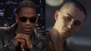 Travis Scott holding his hands up on The Tonight Show and Timothee Chalamet in Dune: Part Three. 