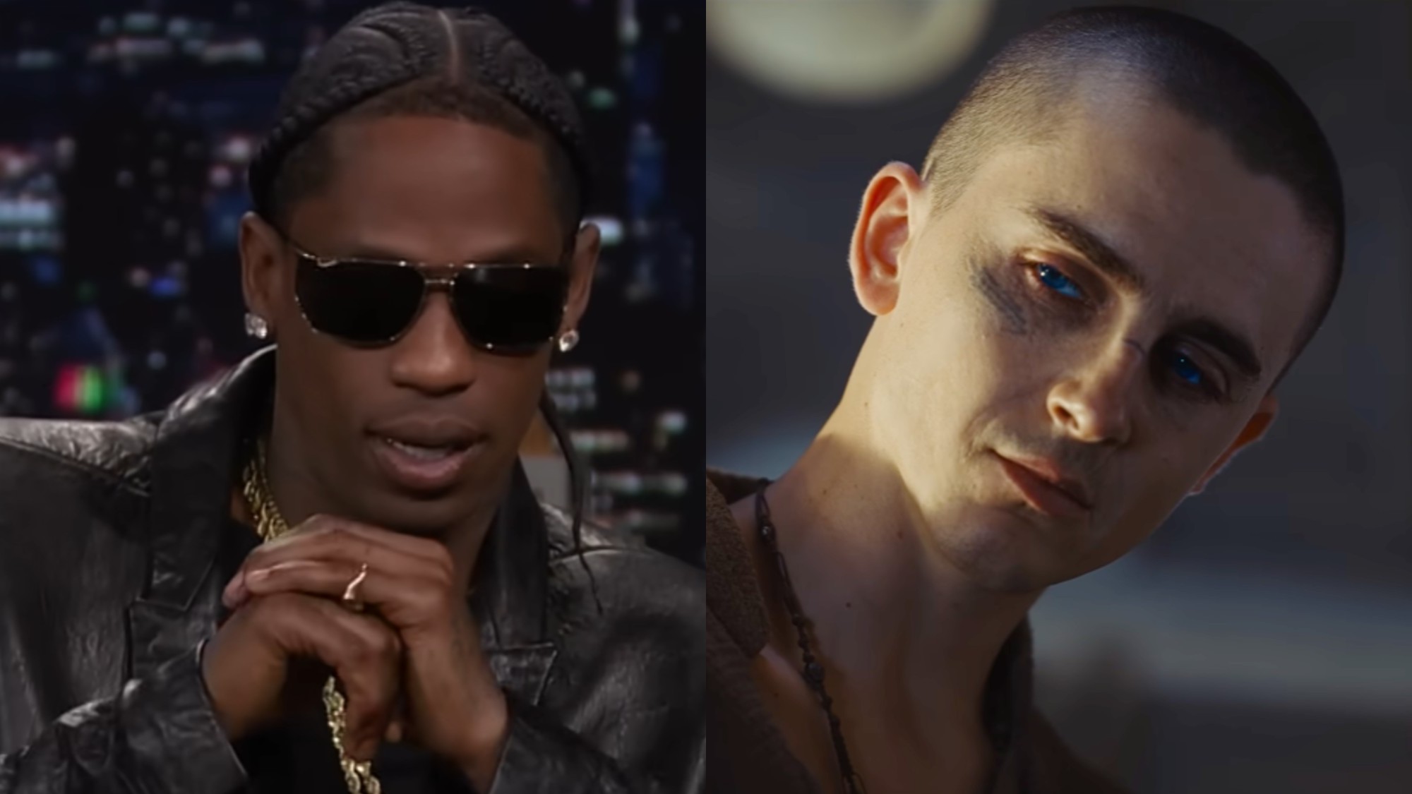 Travis Scott holding his hands up on The Tonight Show and Timothee Chalamet in Dune: Part Three. 