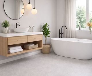 A clean, minimal Scandinavian bathroom with white walls and a light speckled terrazzo floor. A white oval freestanding bath with a matte black floor-mounted tap sits beside a light oak floating vanity unit with a white vessel basin, open shelf with folded towels, and two globe pendant lights above a round black-framed mirror.