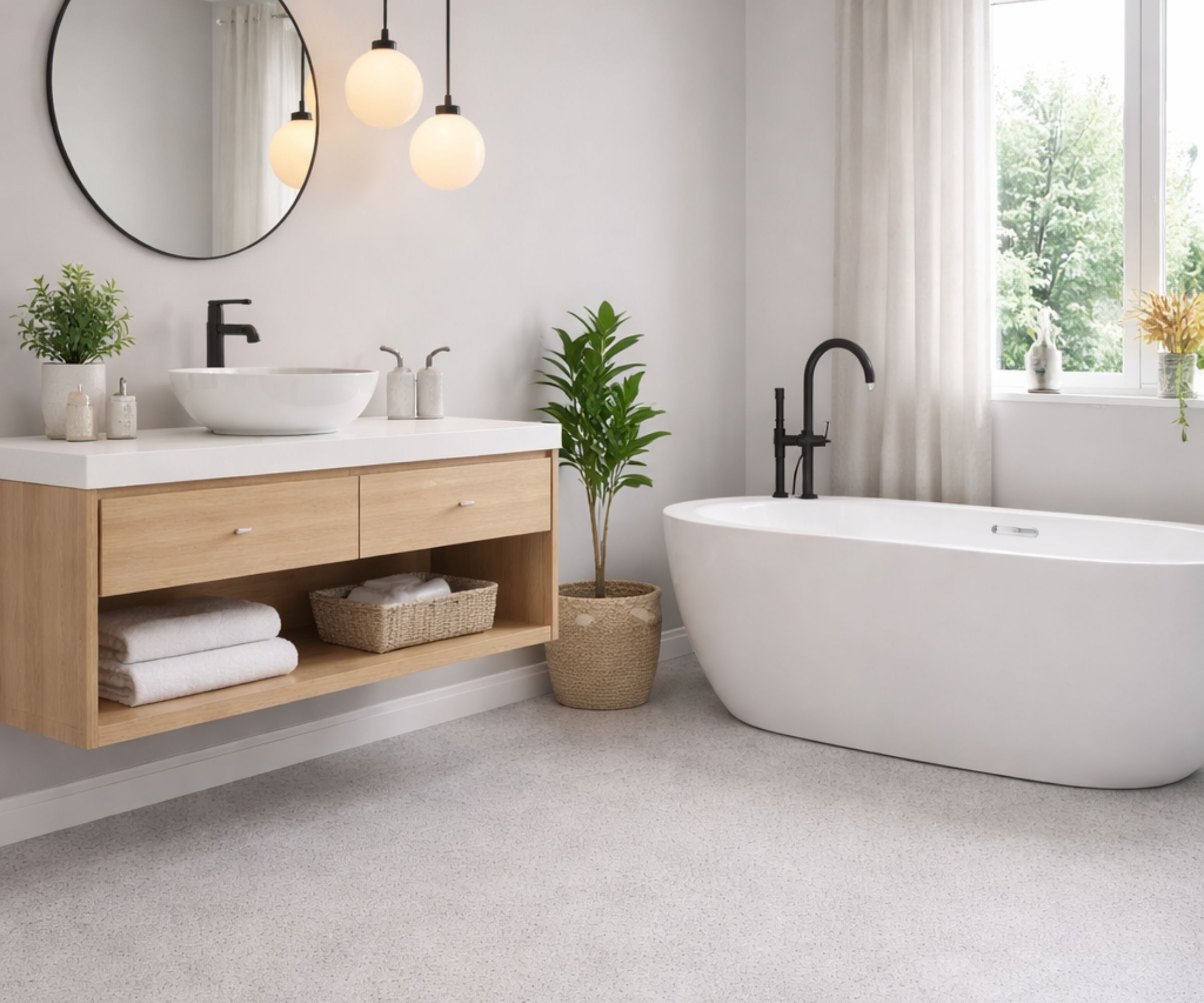 A clean, minimal Scandinavian bathroom with white walls and a light speckled terrazzo floor. A white oval freestanding bath with a matte black floor-mounted tap sits beside a light oak floating vanity unit with a white vessel basin, open shelf with folded towels, and two globe pendant lights above a round black-framed mirror.