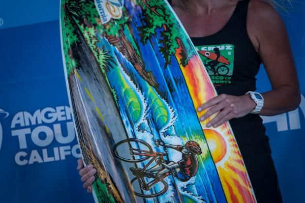 Today's stage winner got to take home this made in Santa Cruz surf board