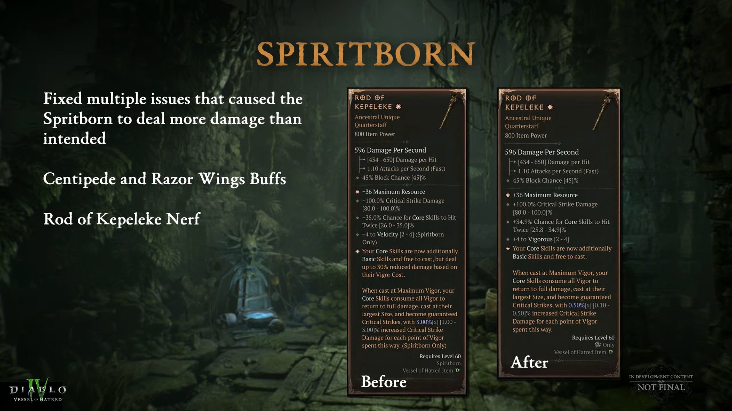 Slides from Diablo 4 campfire shown by developers detailing changes to Spiritborn class