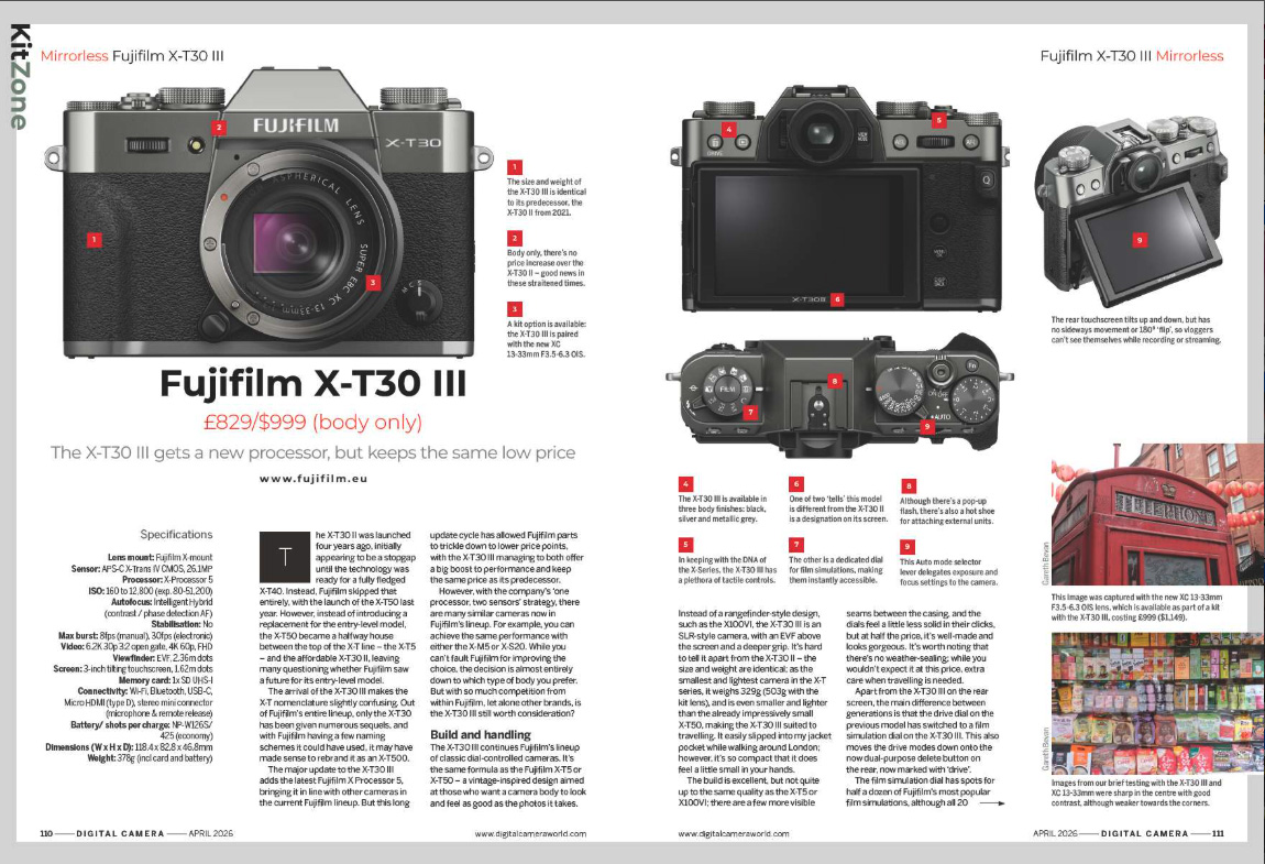 Image showing the first two pages of the Fujifilm X-T30 III camera review, in issue 305 (April 2026) of Digital Camera magazine