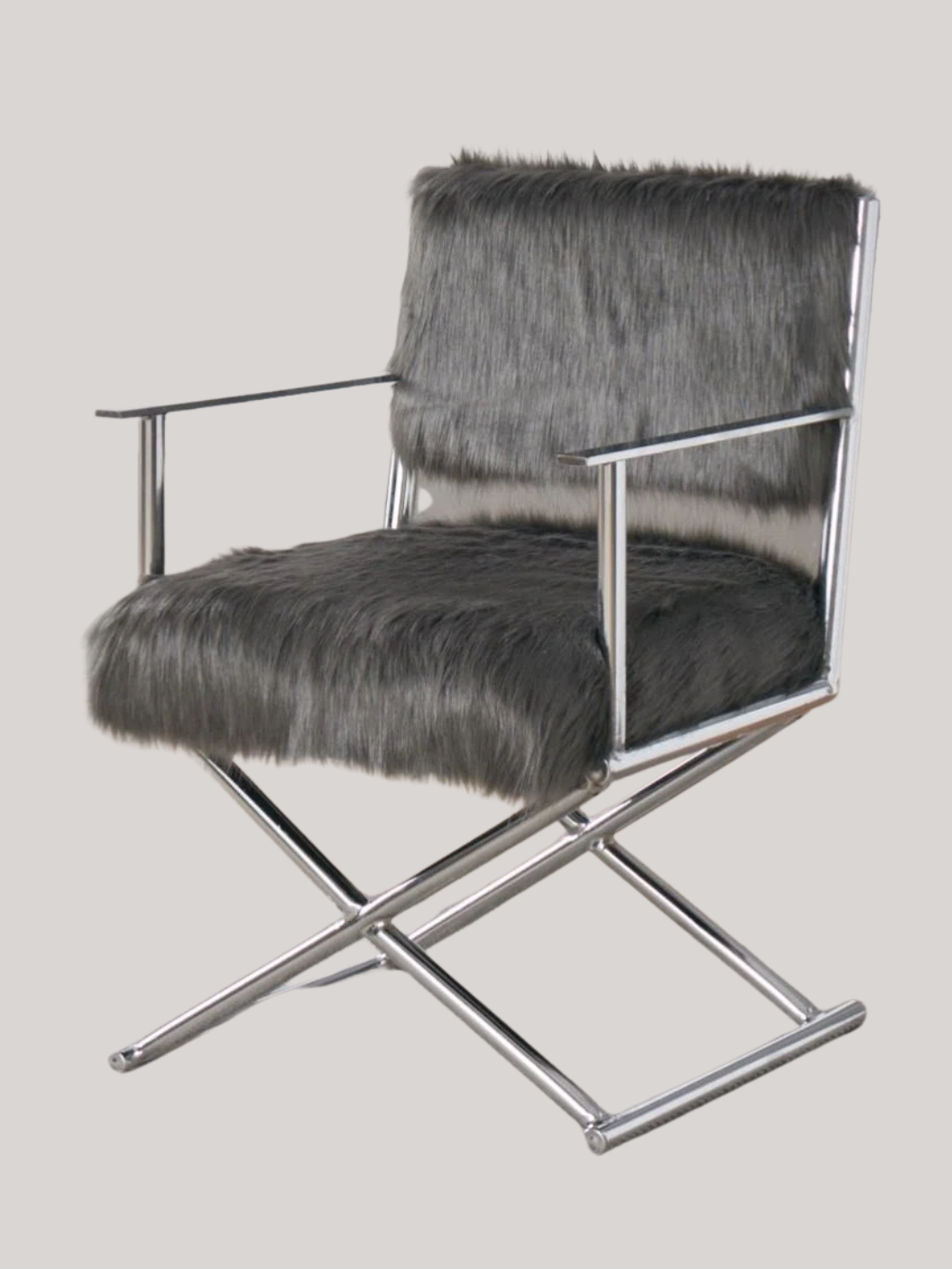 A silver director's chair with a silver shaggy seat