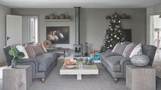 A grey living room with grey couches, walls, carpet and vases. Between the couches is a white coffee table, and behind is a wood burner. To the right of the burner is a large decorated Christmas tree, and to the left is an artwork of a ram and an open doorway.