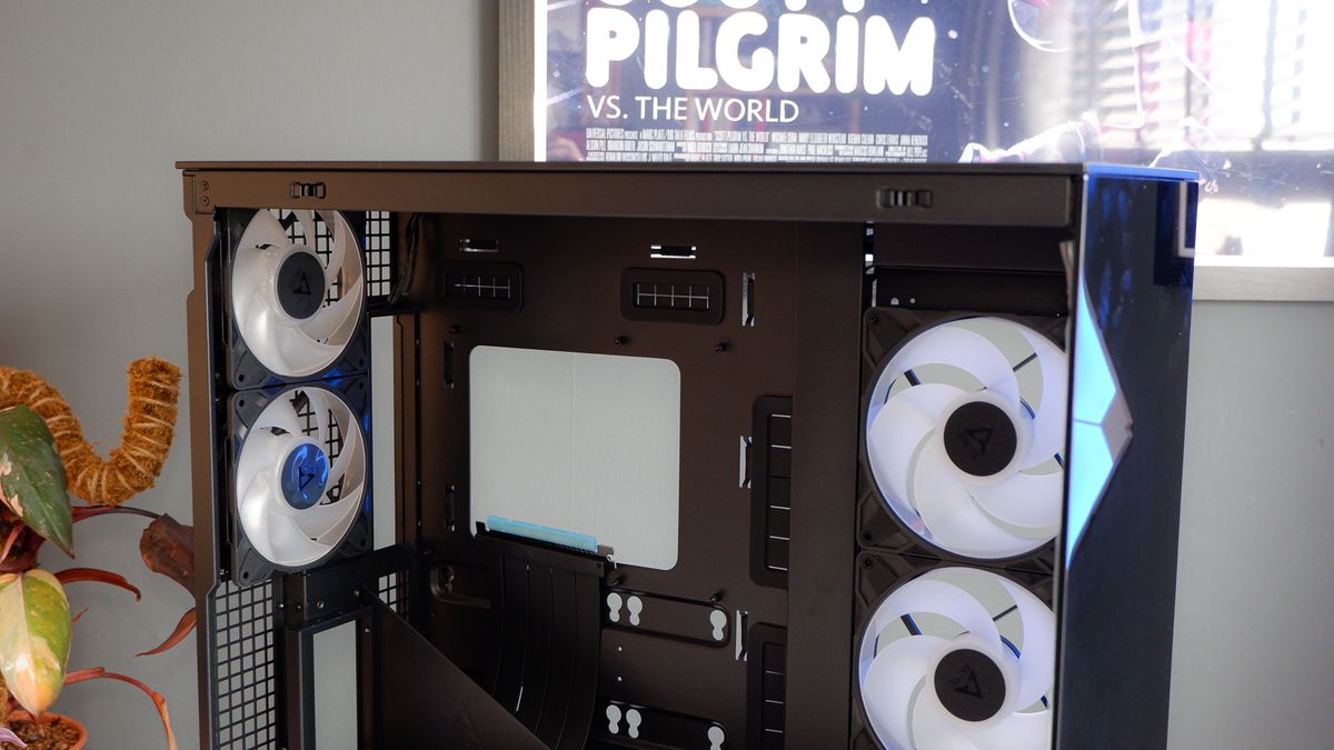 Arctic's Xtender PC case on a white desk with various parts being installed to build a functional gaming PC.