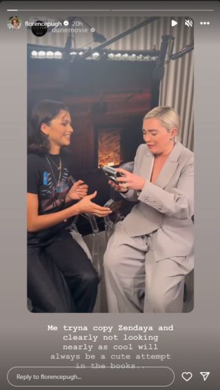 Florence Pugh and Zendaya joking around while doing Dune Part 2 press together, posted on Pugh's IG story