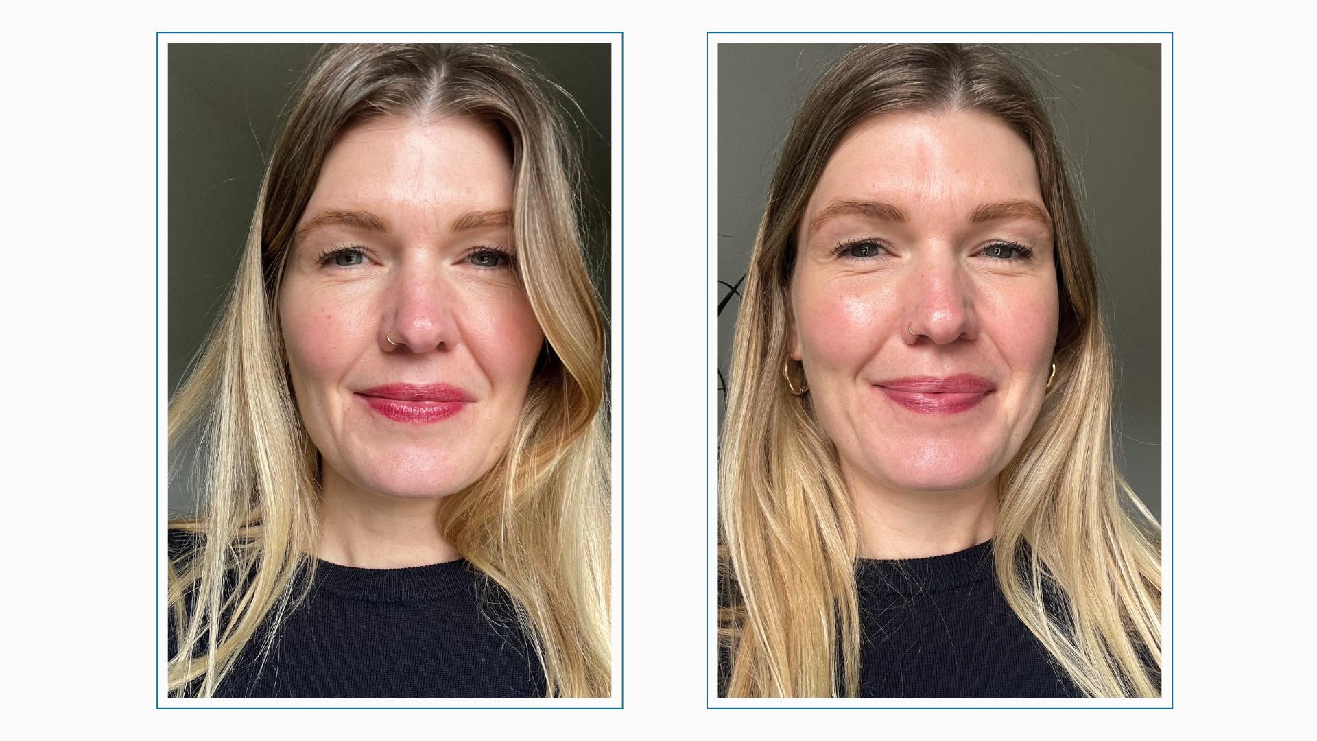 an image of beauty editor Fiona McKim smiling wearing L'oreal paris hyaluron tint lip stain serum in bordeuc please, next to an image demonstrating how the lip stain lasts after several hours